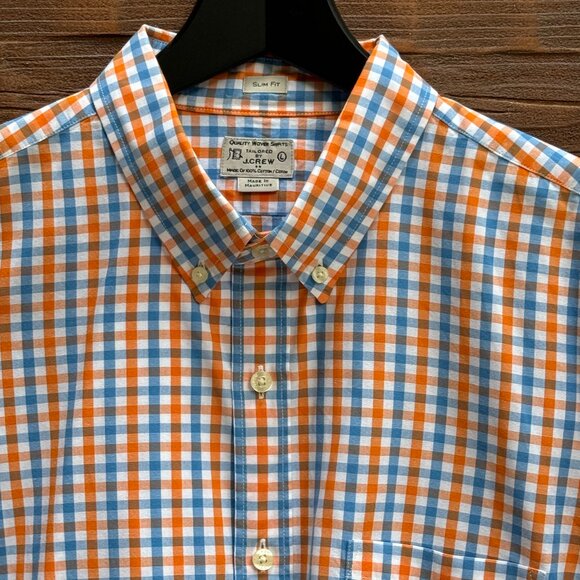 J.CREW Shirt Men’s Woven Tailored Slim Fit Button Down Check Blue Orange Sz L - Picture 1 of 7